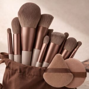 12-Piece Professional Makeup Brush Set with Milk Tea Beauty Puffs – Soft Synthetic Bristles (Brown Pouch)
