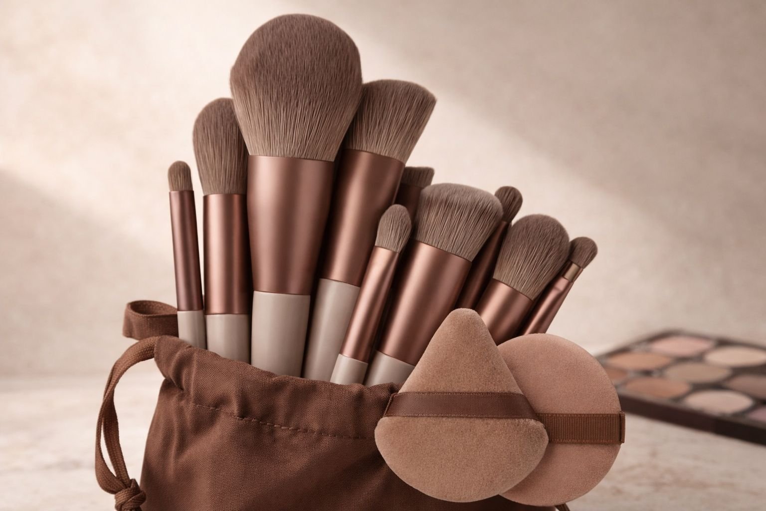 12-Piece Professional Makeup Brush Set with Milk Tea Beauty Puffs – Soft Synthetic Bristles (Brown Pouch)